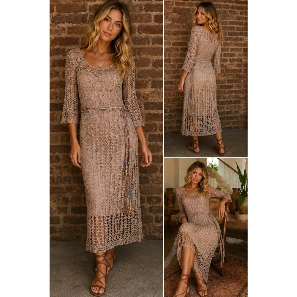 Vintage Kroshetta Papillon Beige Scallop Hem Crochet Dress Sz M Rainbow Belt EUC